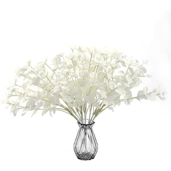 3Pcs Artificial Eucalyptus Leaves with White Flowers and Stems - Picture 2 of 7